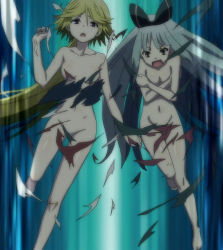 Rule 34 | 10s, 2girls, aqua hair, blonde hair, bow, breasts, censored nipples, convenient censoring, covering privates, covering breasts, hair bow, hair ribbon, highres, long hair, multiple girls, navel, night, nude, open mouth, outdoors, purple eyes, ribbon, screencap, sora (trinity seven), thighs, torn clothes, trinity seven, very long hair, yamana mira, yellow eyes