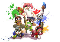 Rule 34 | 1girl, 5boys, ass, beanie, domino mask, dororo, dororo (keroro gunsou), double vertical stripe, frog, full body, giroro, goggles, goggles on head, gym uniform, hat, headphones, highres, hinata natsumi, holding, holding weapon, ink tank (splatoon), inkbrush (splatoon), keroro, keroro gunsou, kururu (keroro gunsou), looking at another, looking back, mask, multiple boys, nintendo, open mouth, paint splatter, pink hair, red eyes, red hair, sen-jou, shirt, shoes, short hair, shorts, smile, sneakers, splatoon (series), splatoon 1, splattershot (splatoon), standing, super soaker, sweatdrop, tamama, twintails, war paint, weapon, white background, white shirt, wristband