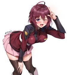 Rule 34 | 1girl, :d, ahoge, blush, boots, breasts, gundam, gundam seed, gundam seed destiny, highres, knee boots, looking at viewer, lunamaria hawke, medium breasts, military, military uniform, one eye closed, open mouth, pink hair, pink skirt, pleated skirt, purple eyes, red hair, short hair, simple background, skirt, smile, solo, staryume, teeth, thighhighs, uniform, upper teeth only, white background