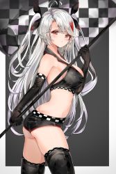 Rule 34 | absurdres, antenna hair, armpits, ass, azur lane, bikini, black bikini, breasts, butt crack, checkered flag, cowboy shot, flag, grey background, highres, large breasts, mole, mole on breast, multicolored hair, prinz eugen (azur lane), race queen, sideboob, silver hair, solo, swimsuit, thighhighs, thighs, two side up, wedgie, yukineko1018