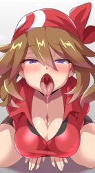 Rule 34 | 1girl, absurdres, bandana, blush, breasts, brown hair, cleavage, creatures (company), female focus, game freak, highres, jacket, konno tohiro, large breasts, looking at viewer, may (pokemon), nintendo, open mouth, oral invitation, pokemon, pokemon rse, purple eyes, red jacket, saliva, saliva trail, sexually suggestive, shorts, solo, solo focus, squatting, thick thighs, thighs, tongue, tongue out, uvula, video game