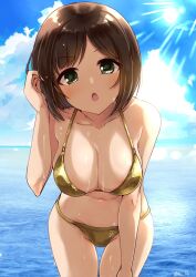 Rule 34 | 1girl, bare arms, bare legs, bare shoulders, bikini, blue sky, blush, breasts, brown hair, chestnut mouth, cleavage, cloud, cloudy sky, collarbone, cowboy shot, day, dot nose, fang, gold bikini, green eyes, hand in own hair, hand on own thigh, highres, horizon, idolmaster, idolmaster cinderella girls, idolmaster cinderella girls starlight stage, large breasts, looking at viewer, maekawa miku, navel, ocean, paopao, parted bangs, short hair, sidelocks, sky, solo, straight hair, sunlight, swimsuit, twitter username