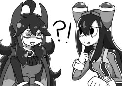 Rule 34 | !?, 10s, 2girls, @ @, ahoge, alternate costume, asui tsuyu, boku no hero academia, breasts, cape, creatures (company), crossover, eye contact, female focus, game freak, gloves, greyscale, hand up, headgear, hex maniac (pokemon), long hair, long sleeves, looking at another, looking to the side, medium breasts, monochrome, multiple girls, nintendo, npc trainer, open mouth, pokemon, pokemon xy, putri (somedude1727), small breasts, smile, upper body