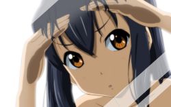 Rule 34 | 1girl, :o, against glass, bare shoulders, black hair, hair between eyes, highres, k-on!, long hair, looking at viewer, nakano azusa, oku no shi, orange eyes, portrait, simple background, solo, wallpaper