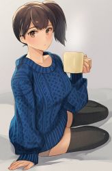 Rule 34 | 1girl, alternate costume, arm rest, black thighhighs, blue sweater, brown eyes, brown hair, cup, hair tie, highres, holding, holding cup, kaga (kancolle), kantai collection, kasumi (skchkko), long hair, looking at viewer, short shorts, shorts, side ponytail, simple background, sitting, solo, sweater, thighhighs