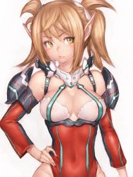 Rule 34 | 1girl, ballistic coat, bare shoulders, blonde hair, breasts, covered erect nipples, detached sleeves, echo (pso2), elf, fumio (rsqkr), hand on own hip, leotard, lips, long hair, medium breasts, phantasy star, phantasy star online 2, pointy ears, red leotard, simple background, solo, twintails