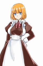 Rule 34 | 1girl, alternate costume, apron, blue eyes, blunt bangs, blush, brave witches, emirio (emirio110), enmaided, gloves, gundula rall, hand on own hip, highres, maid, maid apron, orange hair, short hair, simple background, solo, white background, white gloves, world witches series