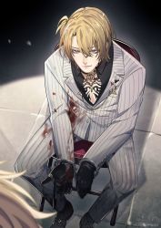 Rule 34 | 1boy, black shirt, blonde hair, blood, blood on clothes, chair, chest tattoo, collared shirt, commentary, cuffs, english commentary, folding chair, formal, handcuffs, highres, jacket, jewelry, luca kaneshiro, necklace, nijisanji, nijisanji en, pants, purple eyes, rokaraqo, shirt, side ponytail, smirk, solo focus, sonny brisko, striped clothes, striped jacket, striped pants, suit, tattoo, virtual youtuber, white jacket