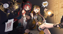 ! 2girls ? absurdres animal_ear_hood arknights black_footwear black_jacket black_shorts blue_eyes brown_hair fake_animal_ears fang hair_between_eyes heart hieroglyphics highres holding_lamp hood hood_up hooded_jacket indoors infection_monitor_(arknights) jacket jewelry kerosene_lamp liang_chan_xing_make_tu long_hair long_sleeves midriff multiple_girls narantuya_(arknights) open_mouth pepe_(arknights) red_eyes red_hair ring scared shoes short_shorts shorts skin_fang speech_bubble spoken_exclamation_mark spoken_heart spoken_question_mark