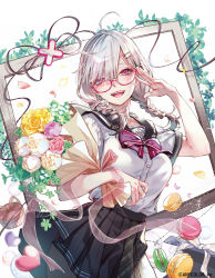 Rule 34 | 1girl, ao+beni, black skirt, blouse, bouquet, bow, box, breasts, fangs, flower, food, glasses, heart, highres, holding, holding bouquet, looking at viewer, macaron, medium breasts, nijisanji, official art, open mouth, picture frame, pink flower, purple bow, purple flower, ribbon, salute, school uniform, serafuku, shirt, shirt tucked in, skirt, smile, solo, sukoya kana, virtual youtuber, white background, white flower, white ribbon, white shirt, yellow flower