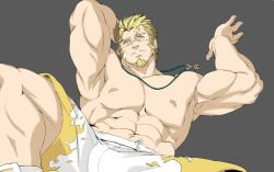 Rule 34 | 1boy, abs, armpits, bandaid, bandaid on face, bara, bare pectorals, blonde hair, blush, bulge, facial hair, goatee, hair strand, jacob (housamo), kito (clamp5656), large pectorals, leg up, long sideburns, looking at viewer, lying, male focus, muscular, muscular male, navel, nipples, on back, paid reward available, pectorals, paid reward available, short hair, shorts, sideburns, solo, spread legs, thick thighs, thighs, tokyo houkago summoners, white eyes, white shorts, wrestling outfit