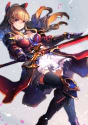 Rule 34 | 10s, 1girl, armor, black thighhighs, boots, bow, breasts, brown hair, cleavage, gauntlets, gradient background, granblue fantasy, hair bow, holysnow, long hair, looking at viewer, petals, red eyes, skirt, smile, solo, sword, thighhighs, vira (granblue fantasy), weapon