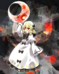 Rule 34 | 1girl, black bow, black ribbon, blonde hair, bow, collared dress, commentary request, crescent, dress, dress bow, frilled dress, frills, full body, hat, hat ribbon, highres, juliet sleeves, kaigen 1025, long dress, long sleeves, luna child, medium hair, moon phases, neck ribbon, open mouth, puffy sleeves, red eyes, ribbon, solo, touhou, white dress, white hat, wings