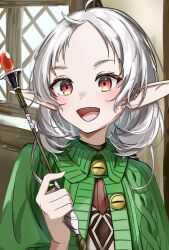 Rule 34 | 1girl, :d, ahoge, capelet, elf, green capelet, highres, holding, holding wand, indoors, medium hair, mushoku tensei, open mouth, pointy ears, red eyes, smile, solo, sturgeon 0521, sylphiette (mushoku tensei), wand, white hair