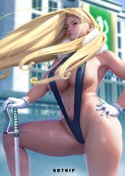 Rule 34 | 1girl, artnip, black one-piece swimsuit, black slingshot swimsuit, blonde hair, blue eyes, breasts, cleavage, commentary, covered erect nipples, curvy, day, english commentary, feather boa, fullmetal alchemist, gloves, hand on own hip, huge breasts, large breasts, leg up, lips, long hair, mismatched eyebrows, navel, nose, olivier mira armstrong, one-piece swimsuit, outdoors, planted, planted sword, planted weapon, rapier, shiny skin, sidelocks, slingshot swimsuit, solo, standing, swimsuit, sword, thick eyebrows, thick thighs, thighs, very long hair, weapon, white gloves, wind, wind lift