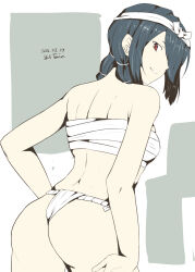 Rule 34 | 1girl, alternate costume, artist name, ass, bare shoulders, black hair, breasts, chest sarashi, commentary request, cowboy shot, dated, from behind, fundoshi, grey background, hair over one eye, highres, japanese clothes, kantai collection, kumano maru (kancolle), loincloth, looking back, medium breasts, medium hair, nape, red eyes, sarashi, simple background, smile, solo, taira yuuki, twitter username, two-tone background, white background