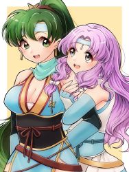 Rule 34 | 2girls, alternate costume, bare shoulders, breasts, cleavage, earrings, female focus, fire emblem, fire emblem: the blazing blade, fire emblem heroes, florina (fire emblem), gau fe, green eyes, green hair, grey eyes, headband, holding another&#039;s arm, hug, japanese clothes, jewelry, light purple hair, long hair, lyn (fire emblem), matching hair/eyes, multiple girls, ninja, nintendo, official alternate costume, open mouth, parted bangs, ponytail, ribbon, scarf, teeth, upper teeth only, very long hair, white headband