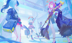 Rule 34 | 4girls, aru (blue archive), black bag, black footwear, black hair, black hoodie, black skirt, blue archive, closed mouth, coat, coat on shoulders, commentary request, full body, grey hair, gun, halo, hands on own hips, haruka (blue archive), highres, holding, holding gun, holding weapon, hood, hood down, hoodie, ink zi mo, kayoko (blue archive), long coat, long hair, looking at viewer, looking back, looking down, multiple girls, mutsuki (blue archive), outdoors, pencil skirt, pink hair, pleated skirt, problem solver 68 (blue archive), red eyes, red halo, rifle, skirt, smile, sniper rifle, standing, weapon, white halo, yellow eyes