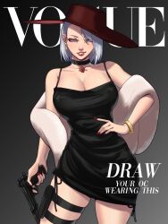 Rule 34 | 1girl, absurdres, black choker, black dress, blue eyes, bracelet, breasts, brown hat, choker, cleavage, collarbone, commentary, contrapposto, cover, dress, drop earrings, earrings, english commentary, english text, fake magazine cover, finger on trigger, fingernails, grey background, grey hair, gun, hair over one eye, hand on own hip, hat, highres, holding, holding gun, holding weapon, holster, jewelry, large breasts, looking at viewer, magazine cover, meme attire, nail polish, no bra, pendant choker, red nails, shawl, short dress, short hair, skullworms, solo, strapless, thigh holster, vogue (magazine), weapon
