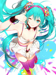 Rule 34 | 1girl, ahoge, aqua eyes, aqua hair, bare arms, breasts, cleavage, detached collar, hairband, hatsune miku, highres, long hair, looking at viewer, one eye closed, phino, redial (vocaloid), shaka sign, skirt, small breasts, smile, solo, spaghetti strap, thighhighs, twintails, very long hair, vocaloid, wristband, zettai ryouiki