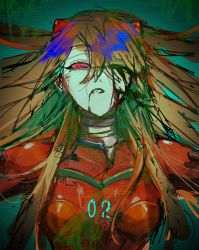 Rule 34 | 1girl, bad id, bad pixiv id, blood, blood from mouth, blood in hair, blood on face, brown hair, green background, hair between eyes, interface headset, kf8fw, long hair, neon genesis evangelion, one eye closed, parted lips, plugsuit, red eyes, sketch, solo, souryuu asuka langley, upper body