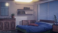 Rule 34 | artist name, bed, bedroom, book, book shelf, cabinet, ceiling light, commentary, english commentary, foxeleos, highres, indoors, light, mirror, muted color, night, no humans, original, pillow, purple theme, reflection, roomscape, scenery, watermark, window