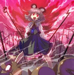 Rule 34 | 1girl, animal ears, cloud, crazy eyes, dowsing rod, female focus, grey hair, highres, jewelry, mouse (animal), mouse ears, mouse tail, nazrin, open mouth, pendant, pointy ears, red eyes, red sky, short hair, skirt, skirt set, sky, solo, sweatdrop, syope, tail, touhou
