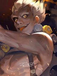 Rule 34 | 1boy, arm tattoo, bad id, bad twitter id, bare shoulders, blonde hair, character name, cocashy, explosive, fang, fiery hair, fire, furrowed brow, grenade, harness, junkrat (overwatch), looking at viewer, male focus, messy hair, open mouth, overwatch, overwatch 1, short hair, smoke, solo, strap, tattoo, teeth, tongue, tongue out, topless male, twitter username, upper body, yellow eyes