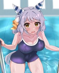 Rule 34 | 1girl, animal ears, blurry, blurry background, breasts, brown eyes, cleavage, collarbone, commentary request, crying, crying with eyes open, grey hair, highres, hishi miracle (umamusume), horse ears, horse girl, large breasts, looking at viewer, medium hair, omochimaki, open mouth, pool, school swimsuit, solo, swimsuit, tears, umamusume, water, wet