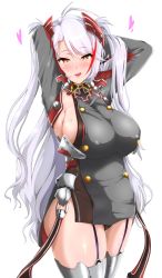 Rule 34 | 1girl, armpits, arms behind head, arms up, azur lane, bare hips, black panties, blush, breasts, commentary request, covered collarbone, cross, garter straps, gloves, gold trim, heart, highres, iron cross, large breasts, legs together, long hair, long sleeves, looking at viewer, mole, mole on breast, no bra, panties, prinz eugen (azur lane), red eyes, sideboob, silver hair, simple background, smile, solo, standing, thighhighs, two side up, underwear, very long hair, white background, zerogura