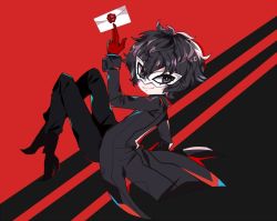 Rule 34 | 10s, 1boy, acidicchoarts, amamiya ren, black hair, card, chibi, gloves, jacket, looking at viewer, male focus, mask, nintendo, persona, persona 5, red background, red eyes, short hair, simple background, smash invitation, smile, solo, super smash bros., wax seal