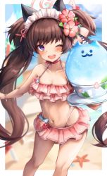 Rule 34 | 1girl, ;d, absurdly long hair, animal ears, bikini, bikini skirt, blue archive, blush, bracelet, breasts, brown hair, choker, contrapposto, fake animal ears, flower, food, frilled bikini, frills, hair flower, hair ornament, highres, inre kemomimi, jewelry, long hair, looking at viewer, maid headdress, multi-strapped bikini bottom, navel, one eye closed, open mouth, pink bikini, pink choker, purple eyes, quad tails, shaved ice, shizuko (blue archive), shizuko (swimsuit) (blue archive), small breasts, smile, solo, swimsuit, teeth, upper teeth only, very long hair, wide hips