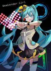 Rule 34 | 1girl, ;d, black skirt, blue eyes, blue hair, blue nails, commentary, flower, hatsune miku, headphones, heart, highres, long hair, lunar (lunar 815), nail polish, one eye closed, open mouth, skirt, sleeveless, smile, solo, song name, thighhighs, twintails, very long hair, vocaloid, weekender girl (vocaloid), yellow flower