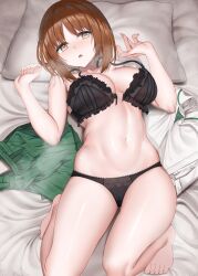 Rule 34 | 1girl, :o, barefoot, bed sheet, black bra, black panties, bra, breasts, breath, brown eyes, brown hair, commentary request, commission, girls und panzer, green skirt, hands up, highres, kanikou, looking at viewer, lying, medium breasts, navel, nishizumi miho, on back, ooarai school uniform, open mouth, panties, pillow, school uniform, shirt, unworn shirt, short hair, skeb commission, skirt, unworn skirt, solo, stomach, thighs, unfastened, underwear, white shirt