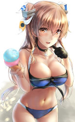 Rule 34 | 1girl, backlighting, bare arms, bare shoulders, bikini, black choker, black gloves, blue bikini, breasts, brown hair, choker, cleavage, collarbone, commentary request, cowboy shot, dappled sunlight, food, food on face, gloves, hair ribbon, highres, holding, holding food, ice cream, ice cream cone, johnston (kancolle), kantai collection, kokuzou, large breasts, long hair, looking at viewer, navel, open mouth, orange eyes, ribbon, single glove, solo, star (symbol), stomach, sunlight, swimsuit, two side up, v-shaped eyebrows, white ribbon