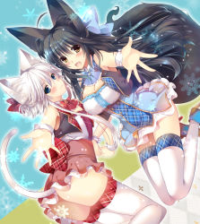 Rule 34 | 2girls, :d, ahoge, animal ears, ass, blue eyes, blush, bow, breasts, cat ears, cat tail, cleavage, fox ears, fox tail, hair bow, hanpen (hannpenn2), large breasts, long hair, looking at viewer, multiple girls, open mouth, original, outstretched hand, short hair with long locks, smile, tail, thighhighs, white background, white hair, wrist cuffs, yellow eyes