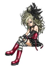 Rule 34 | 1girl, big hair, blonde hair, boots, collar, corset, crossed legs, dragon quest, dragon quest swords, feather hair ornament, feathers, frills, full body, hair ornament, highres, jewelry, necklace, official art, setia, simple background, sitting, skirt, solo, spiked collar, spikes, striped clothes, striped thighhighs, thighhighs, toriyama akira