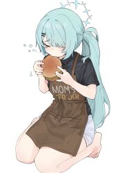 Rule 34 | 1girl, apron, aqua hair, black shirt, blue archive, blue halo, brown apron, burger, closed eyes, commentary request, eating, food, halo, highres, hiyori (blue archive), holding, holding food, long hair, mom&#039;s touch, pearlgang e, ponytail, shirt, short sleeves, solo, t-shirt, tears, thighs