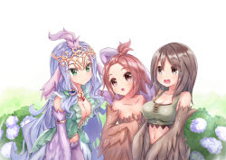 Rule 34 | 3girls, animal ears, armlet, bangs pinned back, bare shoulders, bird ears, blush, breasts, brown eyes, brown feathers, brown hair, brown wings, cleavage, commentary request, commission, feathers, green eyes, hair between eyes, harpy, harpy twins (mon-musu quest!), highres, large breasts, long hair, matsu520, medium hair, midriff, mon-musu quest!, mon-musu quest: paradox, monster girl, multiple girls, navel, open mouth, pii (mon-musu quest!), pina (mon-musu quest!), plunging neckline, purple feathers, purple hair, purple wings, lucretia (mon-musu quest!), siblings, sisters, skeb commission, smile, tiara, very long hair, winged arms, wings