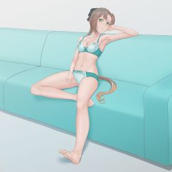 Rule 34 | 1girl, akigumo (kancolle), barefoot, bra, brown hair, couch, feet, green eyes, kantai collection, long hair, looking at viewer, mole, mole under eye, panties, ponytail, smile, soles, toes, underwear, underwear only