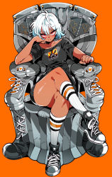 Rule 34 | 1girl, bike shorts, black shirt, black shorts, blouse, closed mouth, colored skin, commentary, cross-laced footwear, crossed legs, elbow rest, english commentary, full body, grey footwear, half-closed eyes, heart, kafun, legs, logo, looking at viewer, messy hair, newgrounds, original, print shirt, red background, red eyes, red skin, shirt, shoes, short hair, short sleeves, shorts, silver hair, simple background, sitting, smirk, sneakers, socks, solo, symbol-shaped pupils, t-shirt, throne, triple horizontal stripe, white socks