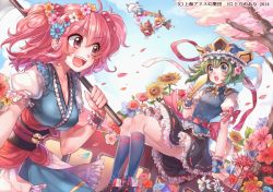 Rule 34 | 5girls, blonde hair, blue hair, blue sky, breasts, brown hair, cherry blossoms, cleavage, cloud, day, flower, flower wreath, green hair, hair bobbles, hair ornament, hat, hat ribbon, large breasts, lunasa prismriver, lyrica prismriver, merlin prismriver, multiple girls, obi, onozuka komachi, open mouth, over shoulder, puffy sleeves, red eyes, red hair, ribbon, rod of remorse, rojiko, sash, scythe, shiki eiki, shirt, short sleeves, skirt, sky, smile, touhou, tree, twintails, two side up, vest, watermark, wrist cuffs