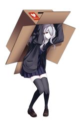 Rule 34 | 1girl, black thighhighs, box, cardboard box, full body, fumitan (humitan), hair ornament, hair over one eye, hairclip, in box, in container, loafers, long hair, original, pale skin, pleated skirt, red eyes, shoes, silver hair, simple background, skirt, sleeves past wrists, solo, thighhighs, white background