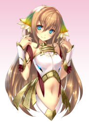 Rule 34 | 1girl, absurdres, aqua eyes, ar nosurge, breasts, gradient background, hair ornament, highres, ion (ar nosurge), ionasal kkll preciel, light brown hair, long hair, looking at viewer, navel, ntny, official art, simple background, small breasts, smile, solo, surge concerto