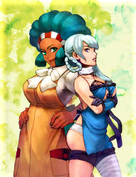Rule 34 | 10s, 2girls, afro, apron, aqua hair, arm warmers, back-to-back, backless outfit, bandages, belt, big hair, blue eyes, bow, braid, braided hair rings, breasts, creatures (company), crossed arms, crossover, dark-skinned female, dark skin, elbow gloves, frills, game freak, gloves, green hair, gym leader, hair rings, hands on own hips, kaine (nier), large breasts, lenora (pokemon), lingerie, lips, lipstick, makeup, mizuki apple, multiple girls, negligee, nier, nier (series), nintendo, panties, pokemon, pokemon bw, purple eyes, scarf, single thighhigh, tanaka atsuko, thigh strap, thighhighs, underwear, voice actor connection, white hair, white panties