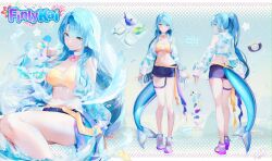 Rule 34 | 1girl, bare legs, bare shoulders, blue eyes, blue hair, blue jacket, blue shorts, breasts, brooch, choker, cleavage, closed mouth, clothing cutout, crop top, cropped jacket, cutoffs, denim, denim shorts, fins, fish tail, full body, head fins, highres, indie virtual youtuber, jacket, jewelry, kagefumi, large breasts, long hair, long sleeves, looking at viewer, midriff, multiple views, navel, open clothes, open jacket, ponytail, scales, see-through, shirt, shoes, short shorts, shorts, shoulder cutout, sitting, smile, sneakers, standing, stomach, tail, tail through clothes, thigh strap, thighs, very long hair, virtual youtuber, white choker, yellow shirt
