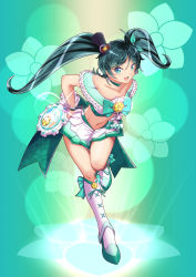 Rule 34 | 1girl, ahoge, alternate costume, alternate hair length, alternate hairstyle, boots, brooch, cosplay, crop top, cure sunshine, cure sunshine (cosplay), gradient background, green background, green eyes, green hair, green skirt, hat, heartcatch precure!, jewelry, kantai collection, long hair, magical girl, matsukaze (kancolle), mini hat, mini top hat, moke ro, open mouth, precure, shiny tambourine (heartcatch precure!), skirt, smile, solo, top hat, twintails, very long hair, white footwear, zara (kancolle)