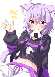 Rule 34 | 1girl, absurdres, ahoge, animal ear fluff, animal ears, black hoodie, blush, breasts, cat ears, cat girl, cat tail, commentary request, crop top, drawstring, food, food in mouth, hair between eyes, hand up, highres, hololive, hood, hood down, hoodie, long sleeves, medium breasts, midriff, mouth hold, navel, nekomata okayu, notice lines, onigiri, pants, puffy long sleeves, puffy sleeves, purple eyes, purple hair, simple background, sleeves past wrists, solo, tail, ugume, virtual youtuber, white background, white pants