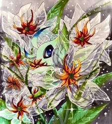 Rule 34 | antennae, blue eyes, celebi, covered mouth, creatures (company), dew drop, fairy, fairy wings, flower, game freak, gen 2 pokemon, grey background, highres, leaf, legendary pokemon, looking at viewer, marker (medium), mofuo, mythical pokemon, nintendo, no humans, orange flower, outdoors, pokemon, pokemon (creature), solo, sparkle, traditional media, transparent, water, water drop, white flower, wings