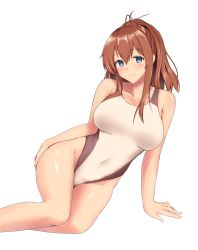 Rule 34 | 1girl, alternate hairstyle, bad id, bad pixiv id, blue eyes, blush, breasts, brown hair, collarbone, competition swimsuit, covered navel, hair between eyes, hair ornament, hand on leg, impossible clothes, kantai collection, large breasts, looking at viewer, moose (moosemitchell2), one-piece swimsuit, ponytail, saratoga (kancolle), simple background, smile, solo, swimsuit, white background, white one-piece swimsuit
